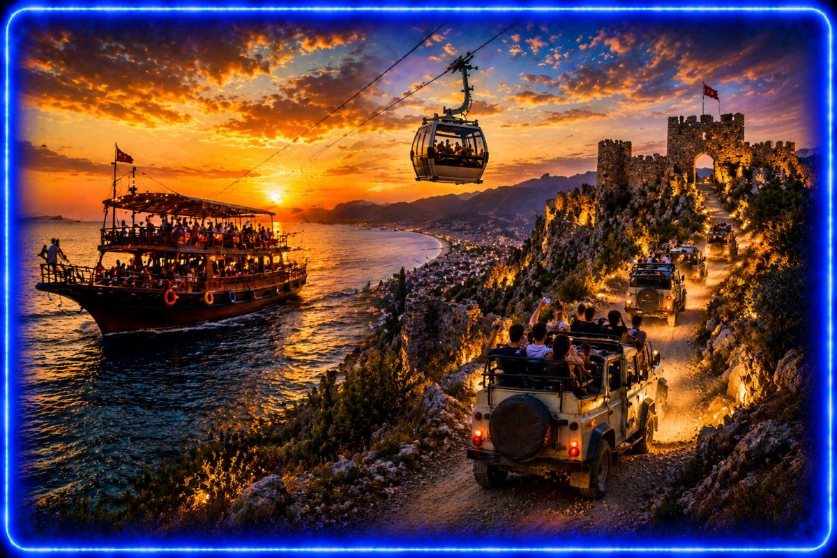 Alanya Night Safari & Sunset Cruise Tour – Adventure, Views & Fire Show